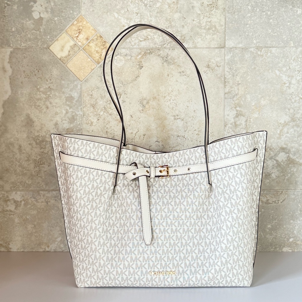 Michael Kors Emilia Large Belted Shoulder Tote Bag Mk Light Cream Multi